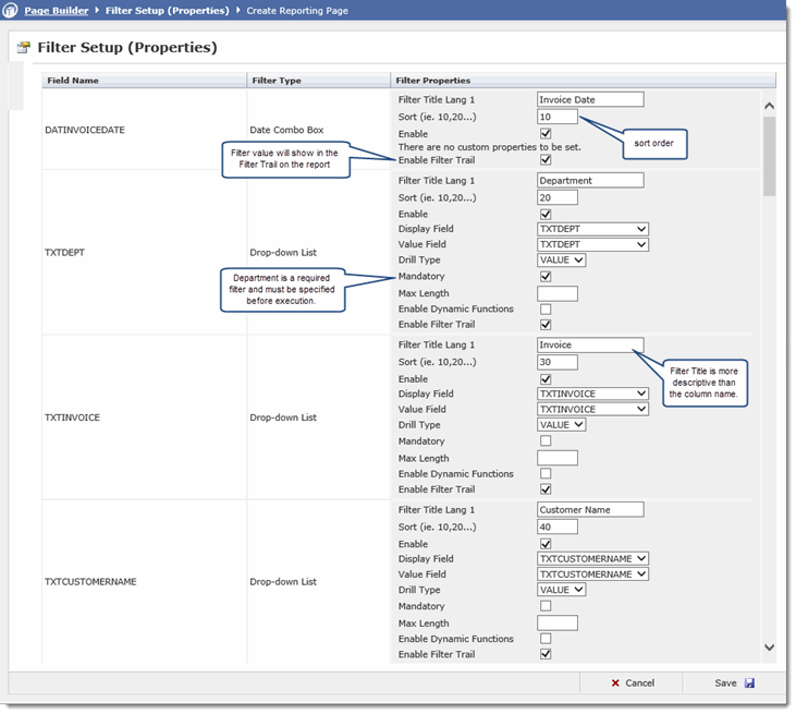 Setting up Filter Options on a Custom Reporting Page